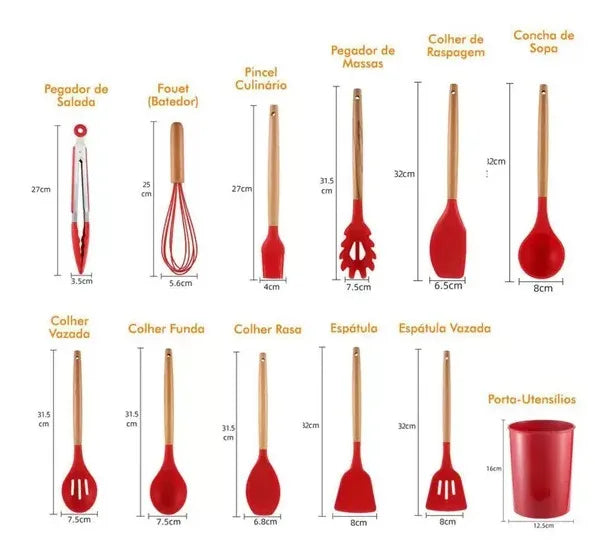 Kit Jogo 12 Peças de Utensílios de Cozinha em Silicone