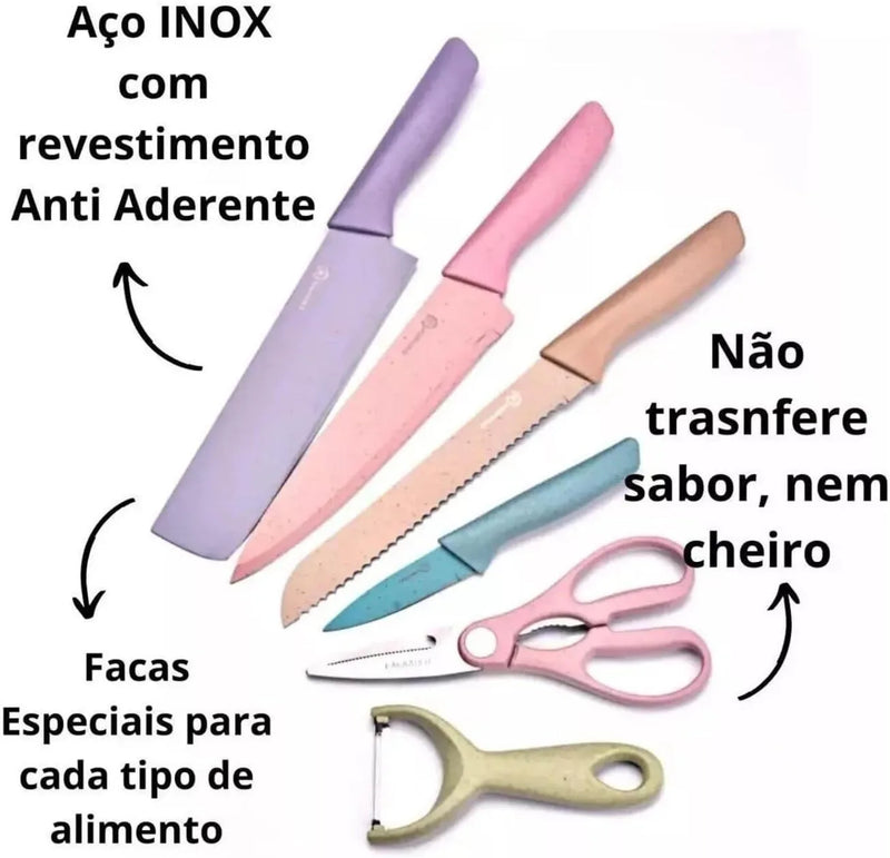 Kit Facas Profissional Colorido em Aço Inoxidável com 6 Peças