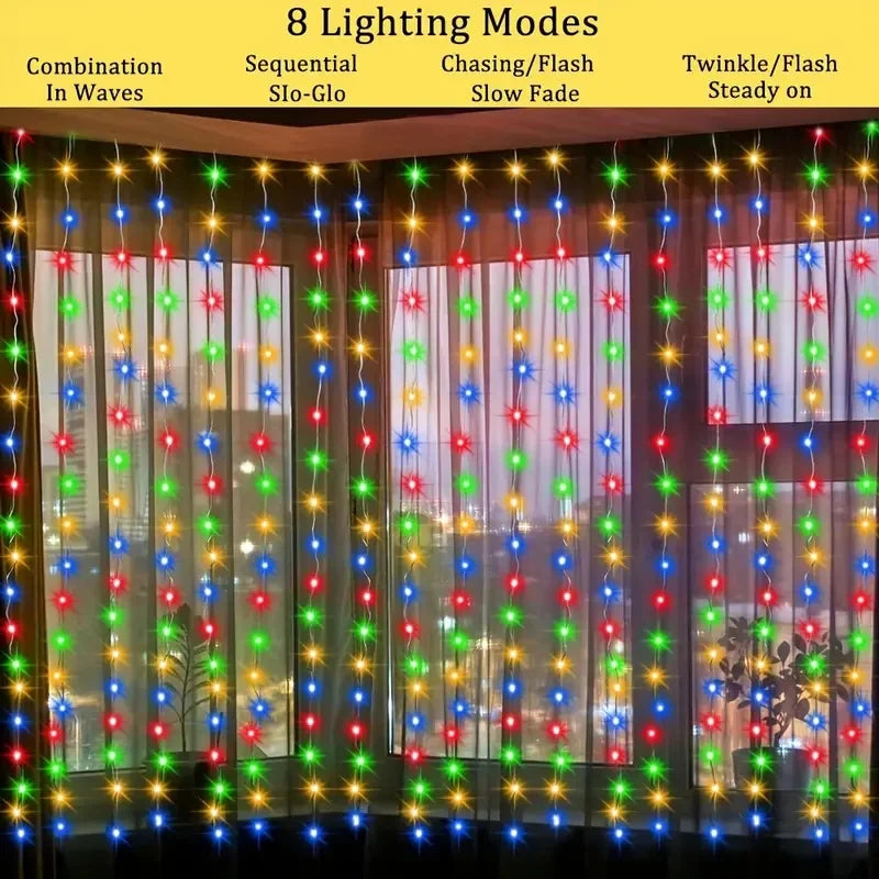 Cortina de Luzes LED Luxo p/ Jardim de Natal - Carregamento Solar